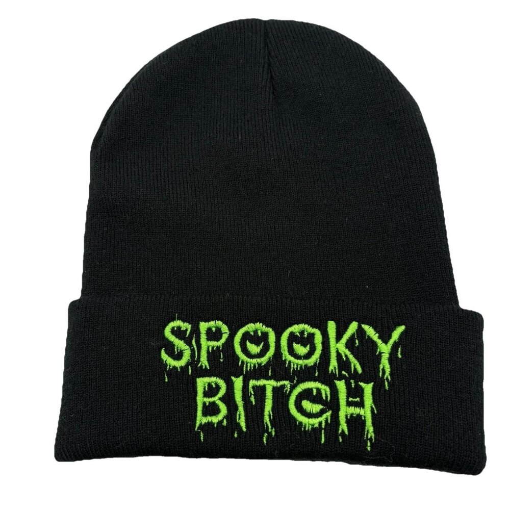 Spooky B I T C H Cuffed Beanie Hat Black/Green EUC